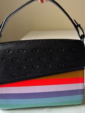 Min & Mon Black Leather Top-Handle Crossbody with Rainbow Stripes